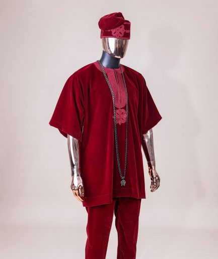 A crimson red, U shaped neck, letters floral, 3/4 sleeve embroidery details African senator kaftan native.