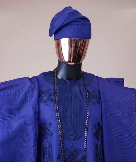 A Navy blue aso-oke, spiral embroidery detailing agbada
