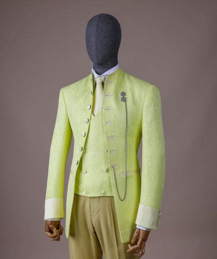 A “meta” floral jacquard, front cut tuxedo suit