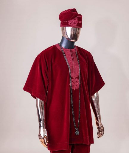 A crimson red, U shaped neck, letters floral, 3/4 sleeve embroidery details African senator kaftan native.