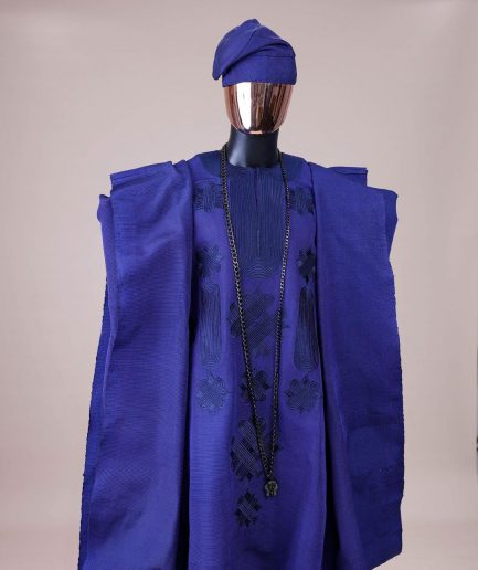 A Navy blue aso-oke, spiral embroidery detailing agbada