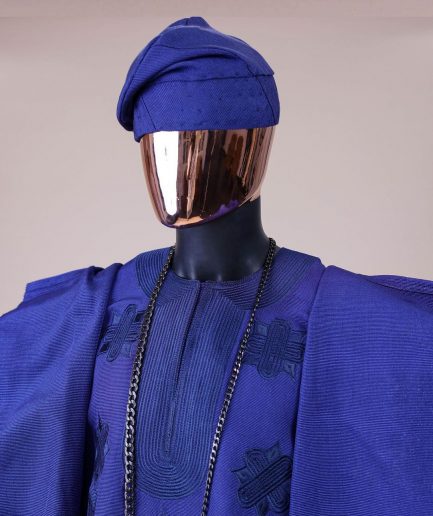 A Navy blue aso-oke, spiral embroidery detailing agbada