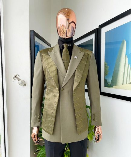 A Dark olive green "scritto” (inscribe your name), layered 4 lapels, double-breasted, out-waisted jointed jacket
