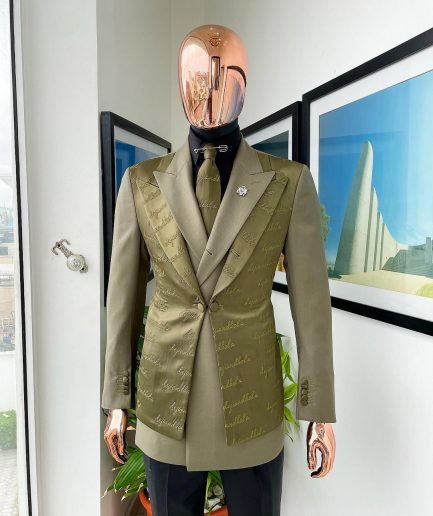 A Dark olive green "scritto” (inscribe your name), layered 4 lapels, double-breasted, out-waisted jointed jacket