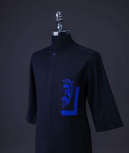 A Charcoal black, Front flap with crystals blue Swarovski buttons, Zeus embroidery, 3/4 sleeve details African senator kaftan native.