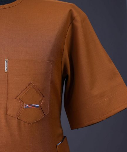 A Tawny brown, Front flap, patch pocket, short sleeve details African senator kaftan native.