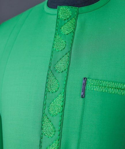 A Lime Green, Front flap with valley embroidery, 3/4 sleeve details African senator kaftan native.