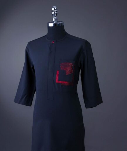 A charcoal black front flap with crystal Swarovski buttons, flame embroidery 3/4 sleeve details African senator kaftan native.
