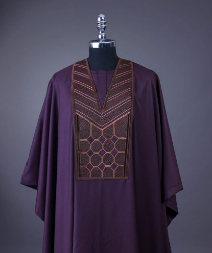 A Rasin purple, layered octagon embroidery detailing Agbada