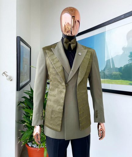 A “scritto” (inscribe your name) dark olive green, layered 4 lapel suit