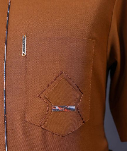 A Tawny brown, Front flap, patch pocket, short sleeve details African senator kaftan native.