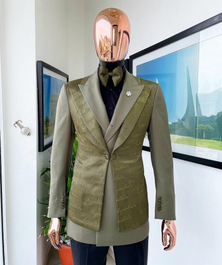 A “scritto” (inscribe your name) dark olive green, layered 4 lapel suit