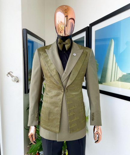 A “scritto” (inscribe your name) dark olive green, layered 4 lapel suit