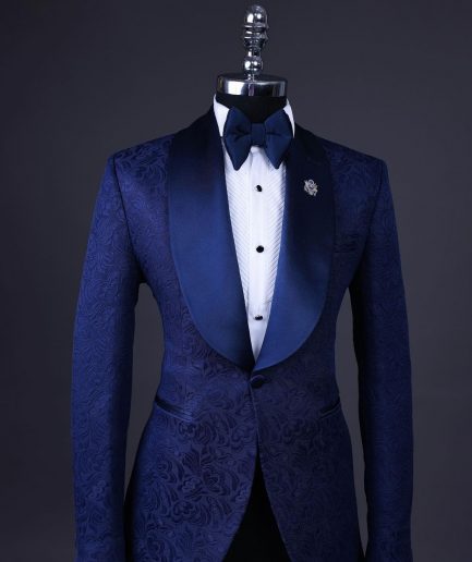 A Navy Blue, Shawl Lapel Floral Jacquard Tuxedo Suit