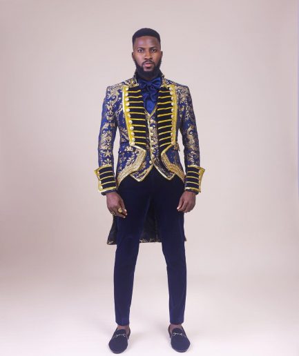 A “Abingdon” royalty tail gold and blue floral metallic Jacquard tuxedo suit