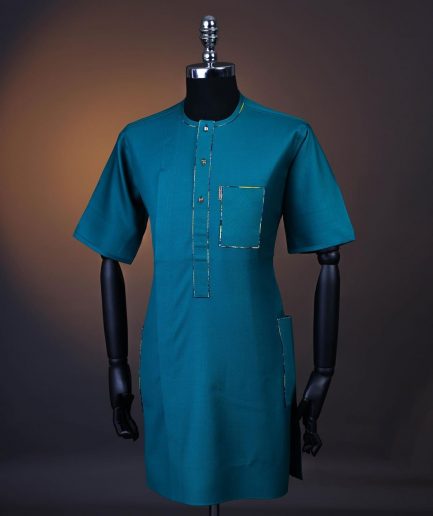 A Teal green, Front flap, patch pocket, short sleeve kaftan .