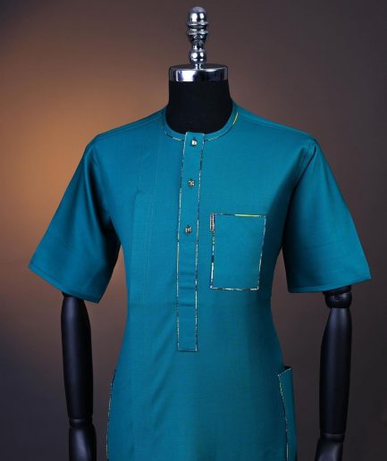 A Teal green, Front flap, patch pocket, short sleeve kaftan .