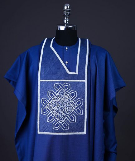A Cobalt blue, layered dodecagon embroidery Agbada