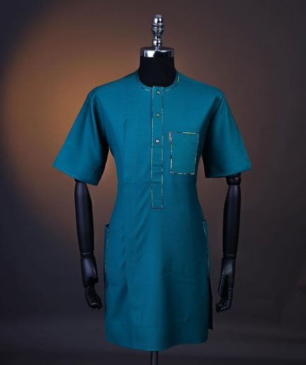A Teal green, Front flap, patch pocket, short sleeve kaftan .