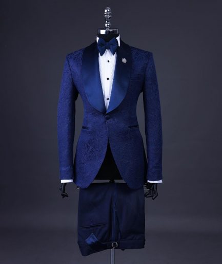 A Navy Blue, Shawl Lapel Floral Jacquard Tuxedo Suit
