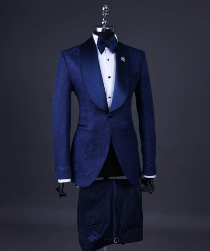 A Navy Blue, Shawl Lapel Floral Jacquard Tuxedo Suit