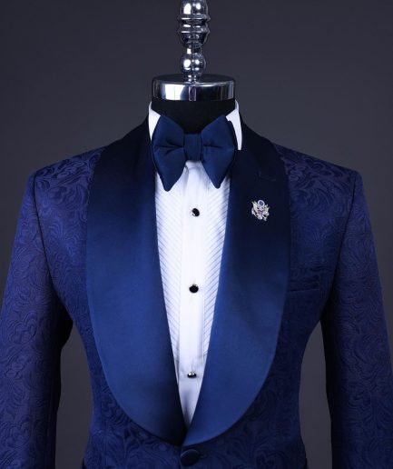 A Navy Blue, Shawl Lapel Floral Jacquard Tuxedo Suit