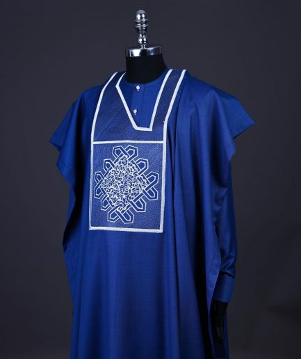 A Cobalt blue, layered dodecagon embroidery Agbada