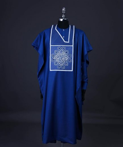 A Cobalt blue, layered dodecagon embroidery Agbada