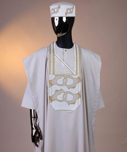 A porcelain, connected medulla and wooven pattern embroidery detailing agbada