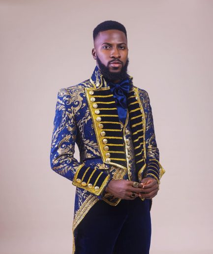 A “Abingdon” royalty tail gold and blue floral metallic Jacquard tuxedo suit