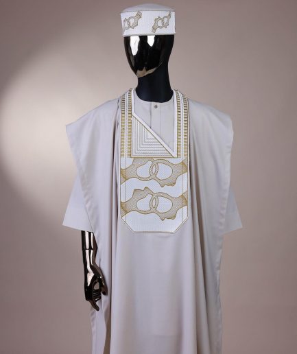 A porcelain, connected medulla and wooven pattern embroidery detailing agbada