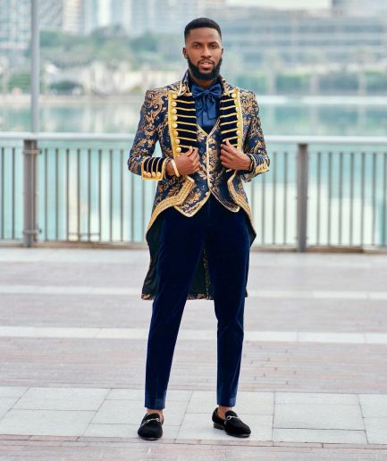 A “Abingdon” royalty tail gold and blue floral metallic Jacquard tuxedo suit