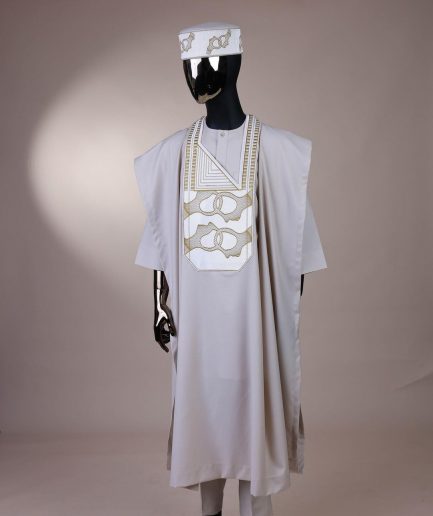 A porcelain, connected medulla and wooven pattern embroidery detailing agbada