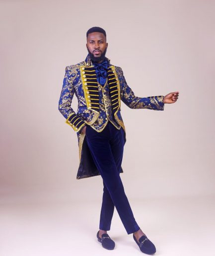 A “Abingdon” royalty tail gold and blue floral metallic Jacquard tuxedo suit