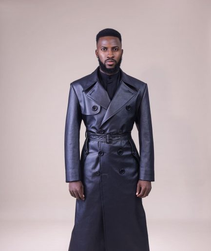 An oversized “Ghost Rider” leather, Charcoal black, double breasted trench bikers jacket