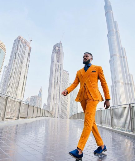 A Mustard yellow “X” one button Notch lapel suit