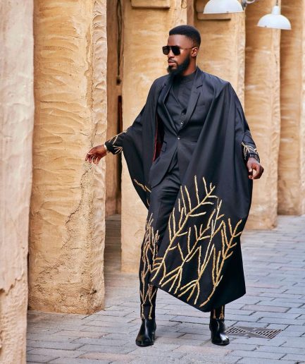 A Monochrome Charcoal black “Chadwick” metallic gold wire embroidery suit