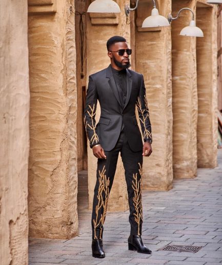 A Monochrome Charcoal black “Chadwick” metallic gold wire embroidery suit
