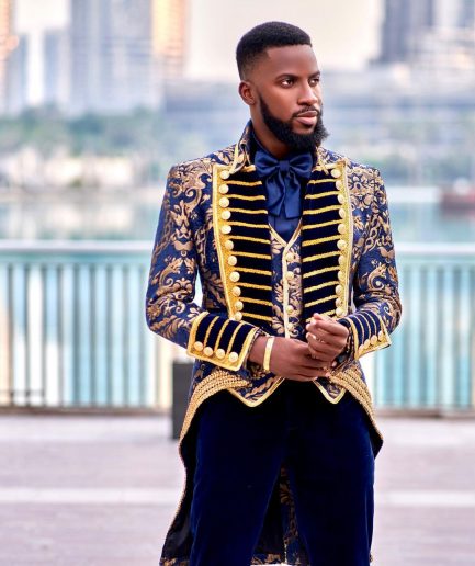 A “Abingdon” royalty tail gold and blue floral metallic Jacquard tuxedo suit