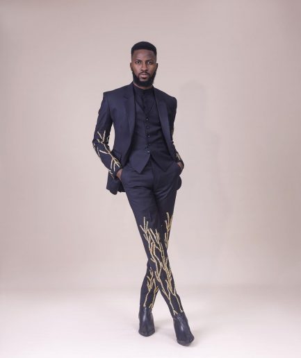 A Monochrome Charcoal black “Chadwick” metallic gold wire embroidery suit