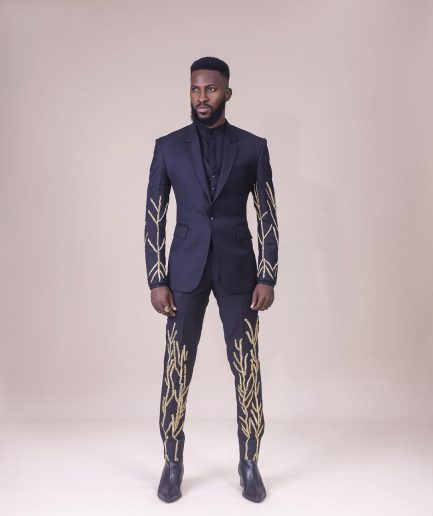 A Monochrome Charcoal black “Chadwick” metallic gold wire embroidery suit