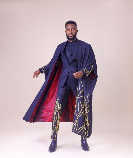A Monochrome Charcoal black “Chadwick” metallic gold wire embroidery suit