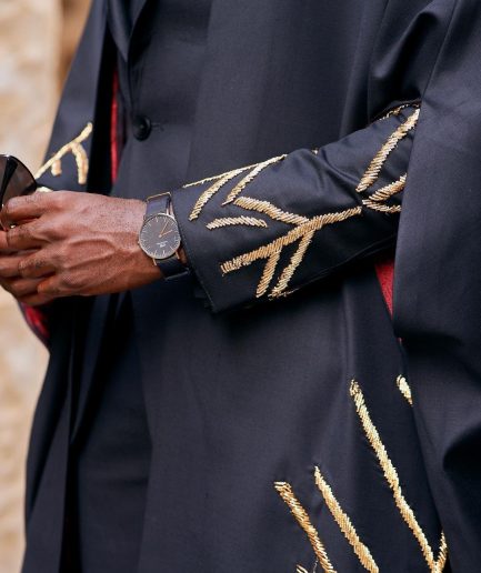 A Monochrome Charcoal black “Chadwick” metallic gold wire embroidery suit