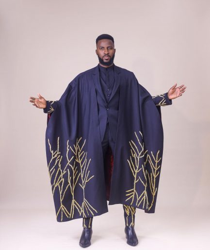 A Monochrome Charcoal black “Chadwick” metallic gold wire embroidery suit