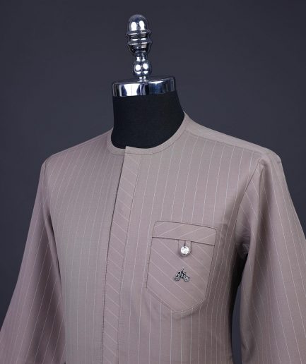 A pencil stripe, Brown, Front flap, combat patch pocket, 3/4 sleeve details African senator kaftan native.