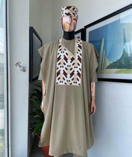 A Tortilla brown, layered tettri pattern embroidery detailing agbada