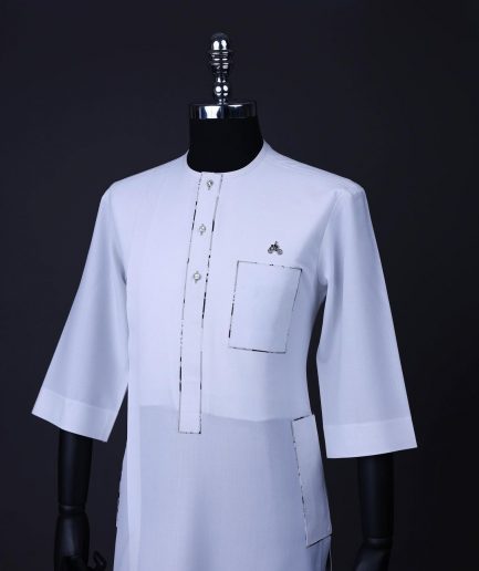 A White, paisley details, front flap with Swarovski buttons, patch pocket, 3/4 sleeve African senator kaftan native.