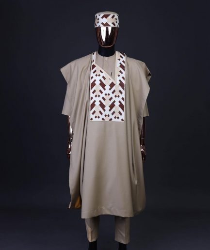 A Tortilla brown, layered tettri pattern embroidery detailing agbada