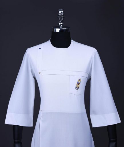 A White T shaped line with Swarovski buttons, leaf embroidery patch pocket, 3/4 sleeve African senator kaftan native.