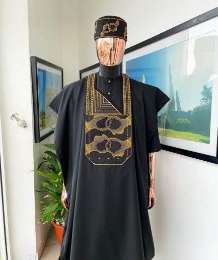 A Charcoal Black, Connected Medulla And Wooven Pattern Embroidery Agbada